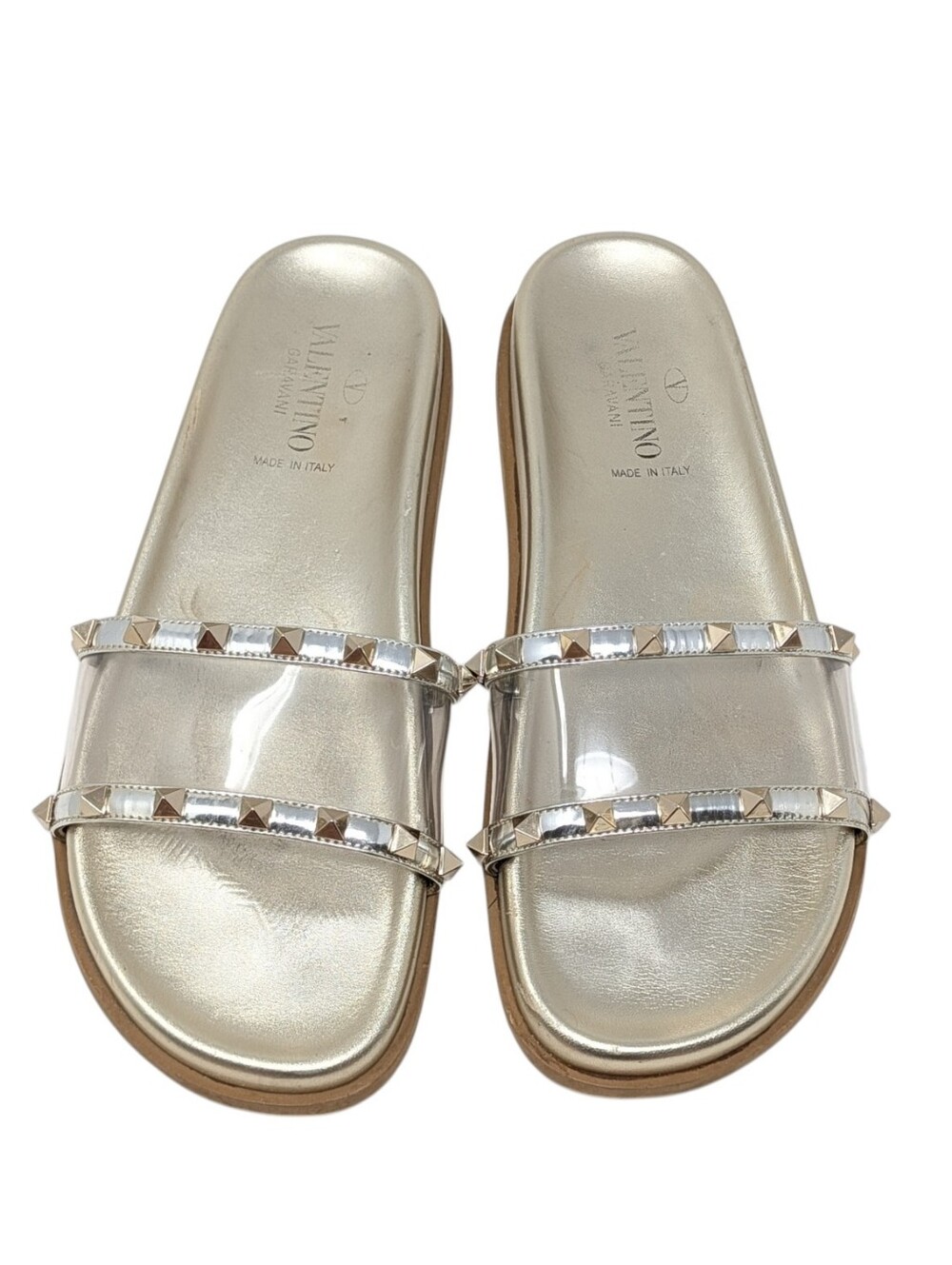 Valentino Garavani Rockstud Gold and Silver PVC Slide Sandals Size EU 39